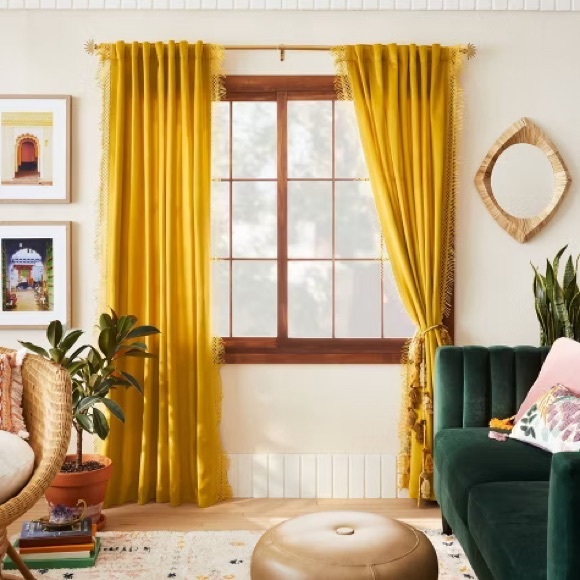 Opalhouse Other - Opalhouse Gold Light Filtering Velvet Macrame Trim Curtain 1 Panel NWT